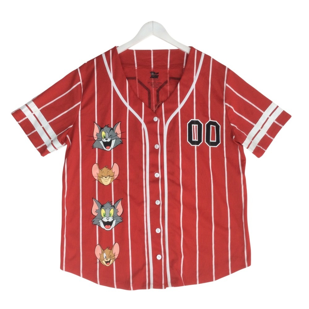Tom and Jerry Baseball Jersey Red Pinstripe Button Front Shirt Mens 1X Cartoon
